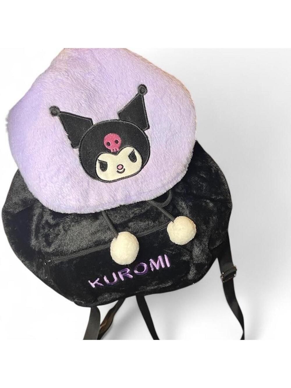 NWOT Kuromi Style Plush Backpack Furry Black Purple Drawstring Bag Cute Kawaii